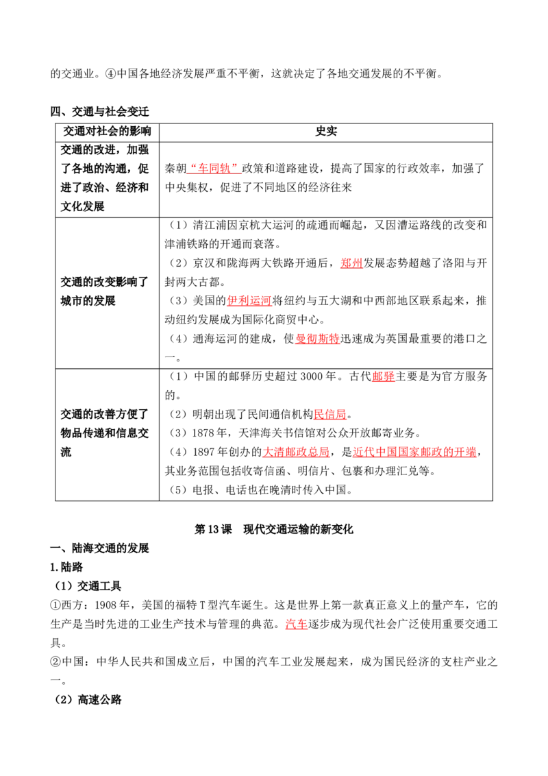 第五单元++交通与社会变迁+-背记手册高中历史全册最新核心考点必背清单（选择性必修一二三）_07高考历史_2024年新高考资料_1.2024一轮复习_选择性必修2：经济与社会生活