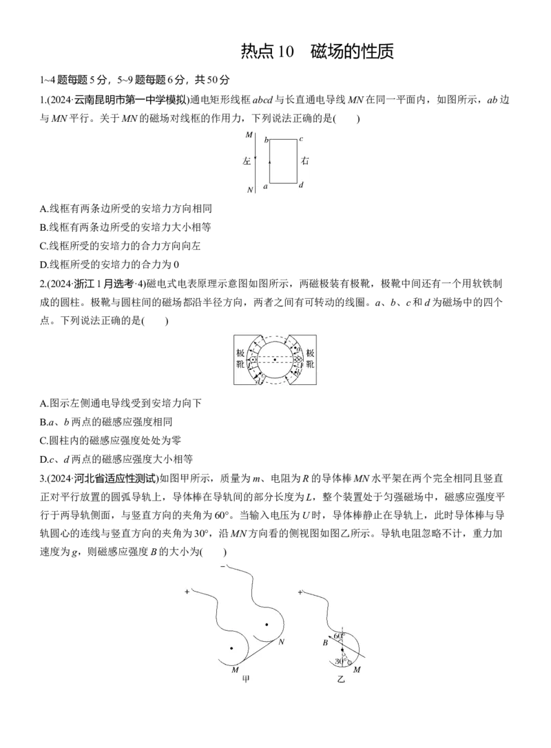 热点10　磁场的性质淘宝店：红太阳资料库_04高考物理_2025年新高考资料_二轮复习_2025年高考物理大二轮_2025物理二轮专题复习学生用书Word版文档_二轮专题强化练+考前特训