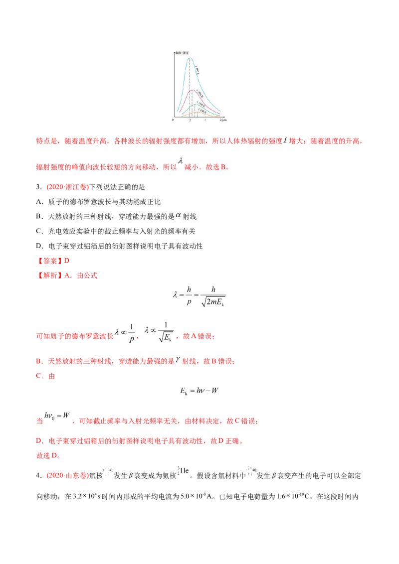 专题14原子结构、原子核和波粒二象性&mdash;&mdash;2020年高考真题和模拟题物理分类训练（教师版含解析）_04高考物理_新高考复习资料_2022年新高考复习资料_高考物理2022年一轮复习各版本_991