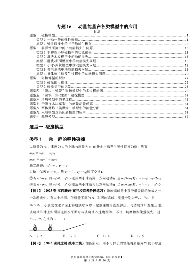 专题16动量能量在各类模型中的应用（原卷版）_04高考物理_新高考复习资料_2024新高考复习资料_一轮复习资料_完2024届高考物理一轮复习热点题型归类训练