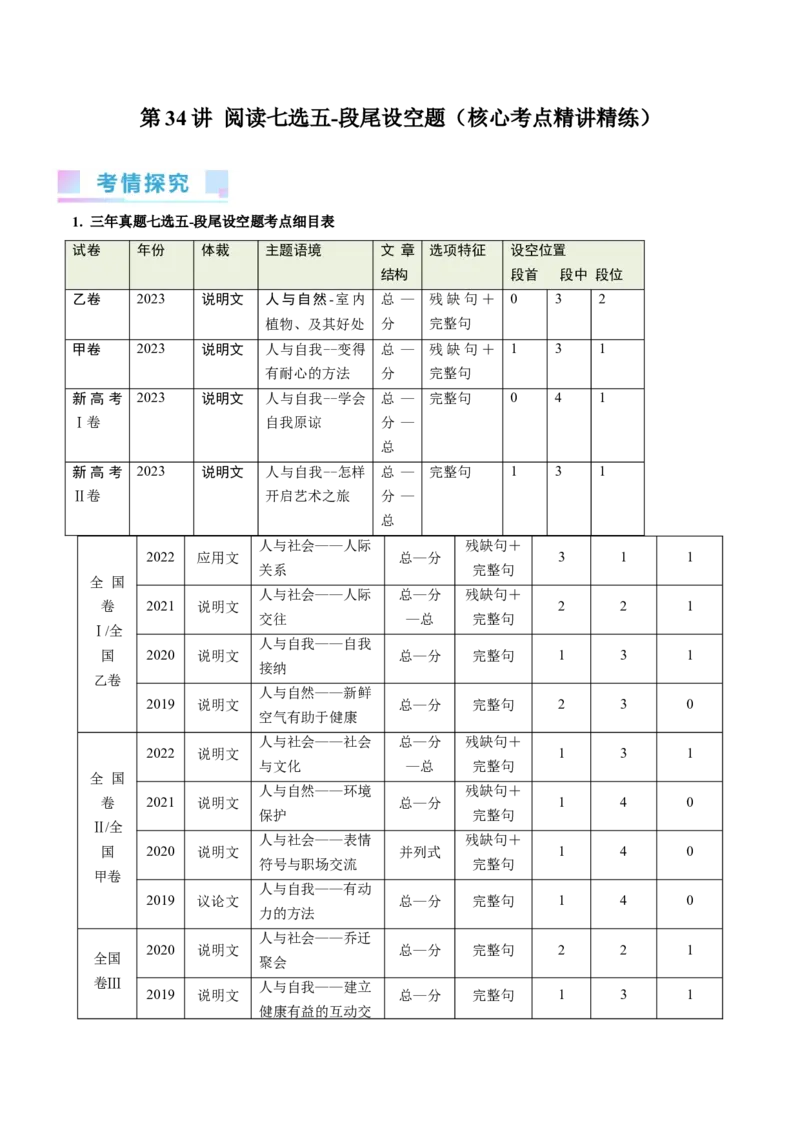 第34讲阅读七选五-段尾设空题（核心考点精讲精练）（原卷版）_03高考英语_通用版（老高考）复习资料_2024年复习资料_完备战2024年高考英语一轮复习考点帮（全国通用）