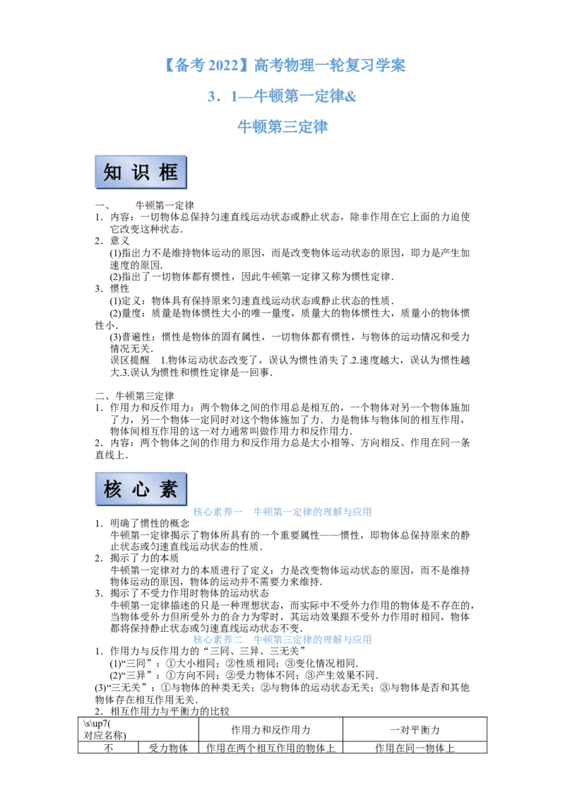 备考2022高考物理一轮复习学案3.1牛顿第一定律牛顿第三定律有解析_04高考物理_新高考复习资料_2022年新高考复习资料