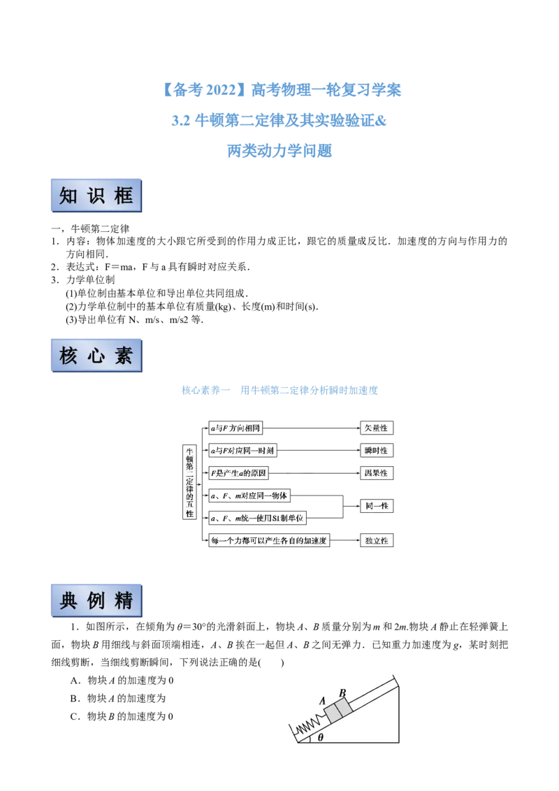 备考2022高考物理一轮复习学案3.2牛顿第二定律及其实验验证两类动力学问题有解析_04高考物理_新高考复习资料_2022年新高考复习资料
