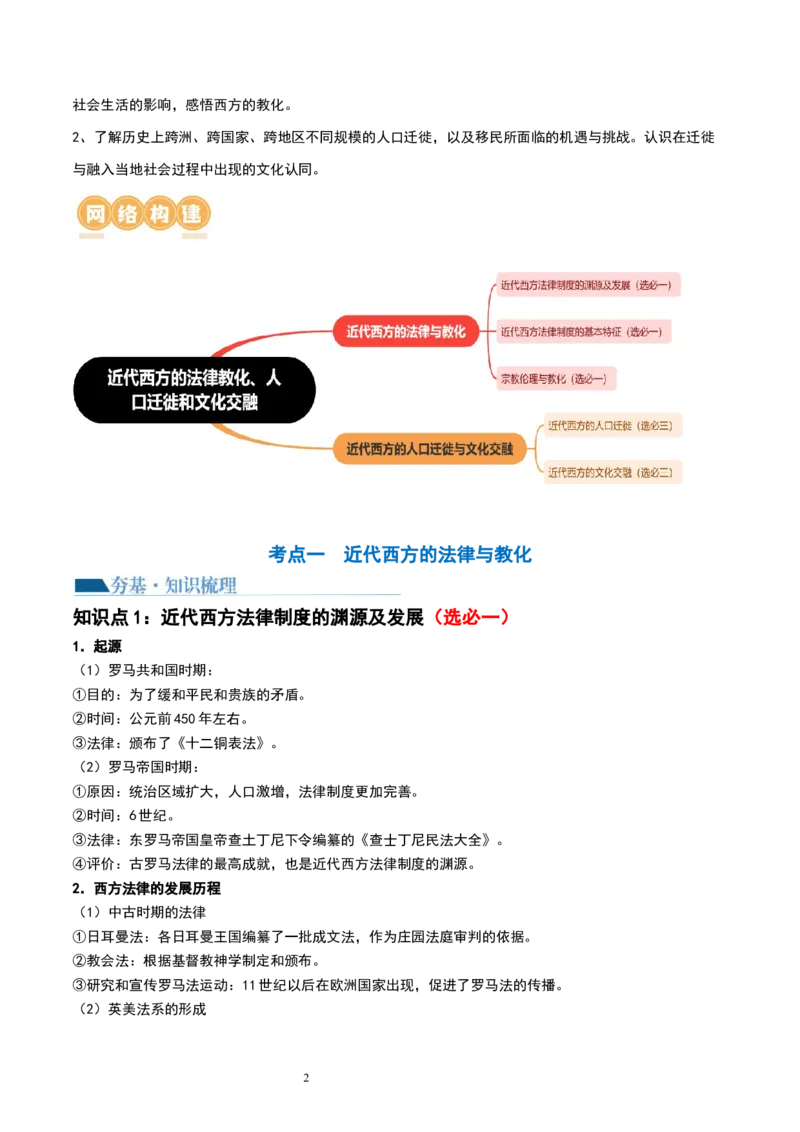 第36讲近代西方的法律教化、人口迁徙和文化交融（原卷版）_07高考历史_新高考复习资料_2024年新高考复习资料_一轮复习资料_讲义+练习_876