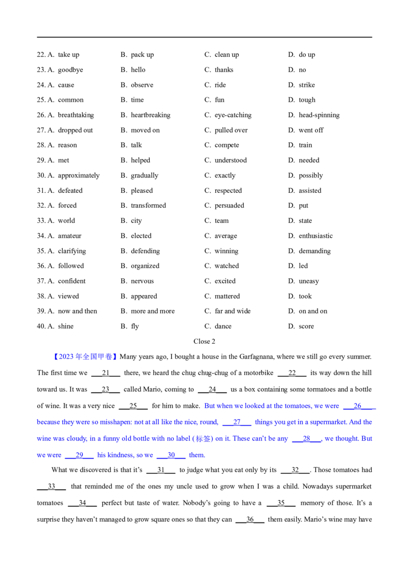 第35讲完形填空记叙文（核心考点精讲精练）（原卷版）_03高考英语_通用版（老高考）复习资料_2024年复习资料_完备战2024年高考英语一轮复习考点帮（全国通用）_第四部分语言运用