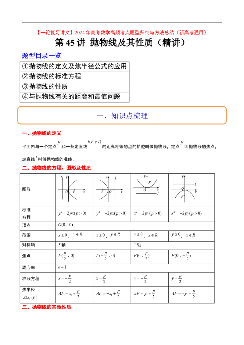 第45讲抛物线及其性质（精讲）一轮复习讲义2024年高考数学高频考点题型归纳与方法总结（新高考通用）原卷版_02高考数学_新高考复习资料_2024年新高考资料_一轮复习资料