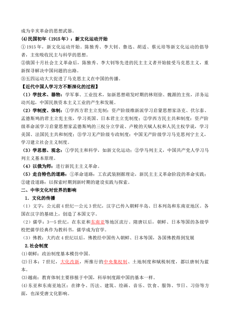 第一单元　源远流长的中华文化+-背记手册高中历史全册最新核心考点必背清单（选择性必修一二三）_07高考历史_2024年新高考资料_1.2024一轮复习_选择性必修3：文化交流与传播