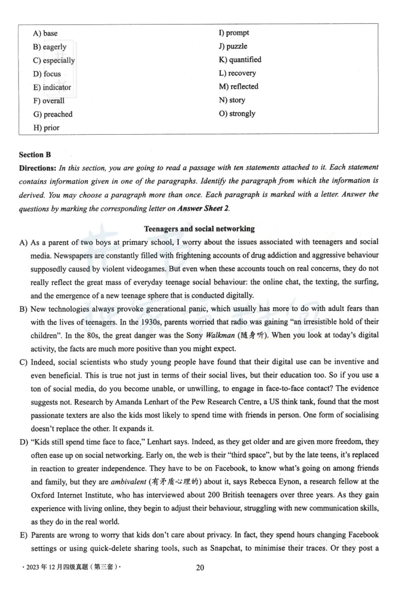 2023年12月大学英语四级考试真题卷3_最新更新，视频都在这_2026、6月四级速转存易和谐_四六级真题+资料包_四级真题_2023年12月CET4