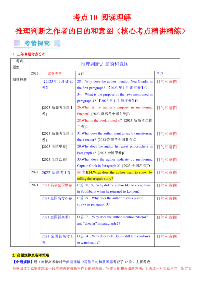 考点10阅读理解推理判断之作者的目的和意图（核心考点精讲精练）-备战2024年高考英语一轮复习考点帮（新高考专用）（学生版）_03高考英语_新高考复习资料_2024年新高考资料_阅读理解