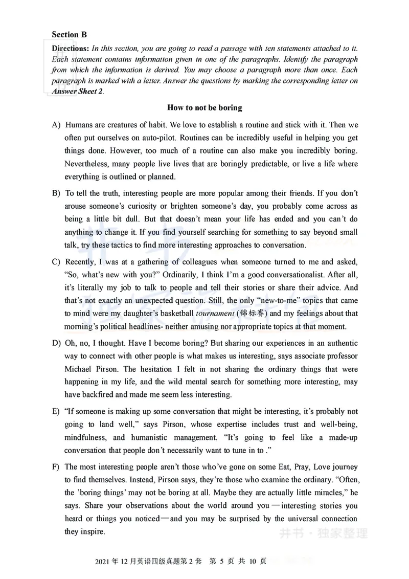 2021年12月大学英语四级考试真题卷2_最新更新，视频都在这_2026、6月四级速转存易和谐_四六级真题+资料包_四级真题_2021年12月CET4