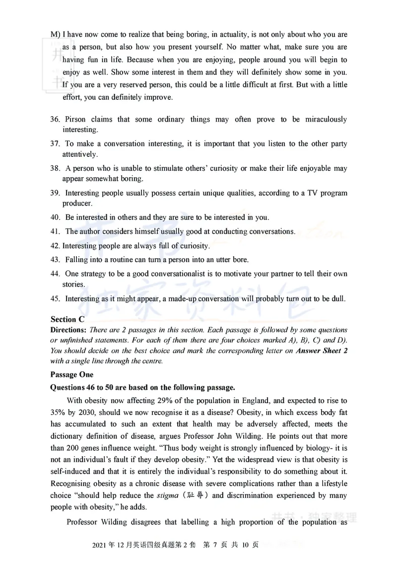 2021年12月大学英语四级考试真题卷2_最新更新，视频都在这_2026、6月四级速转存易和谐_四六级真题+资料包_四级真题_2021年12月CET4