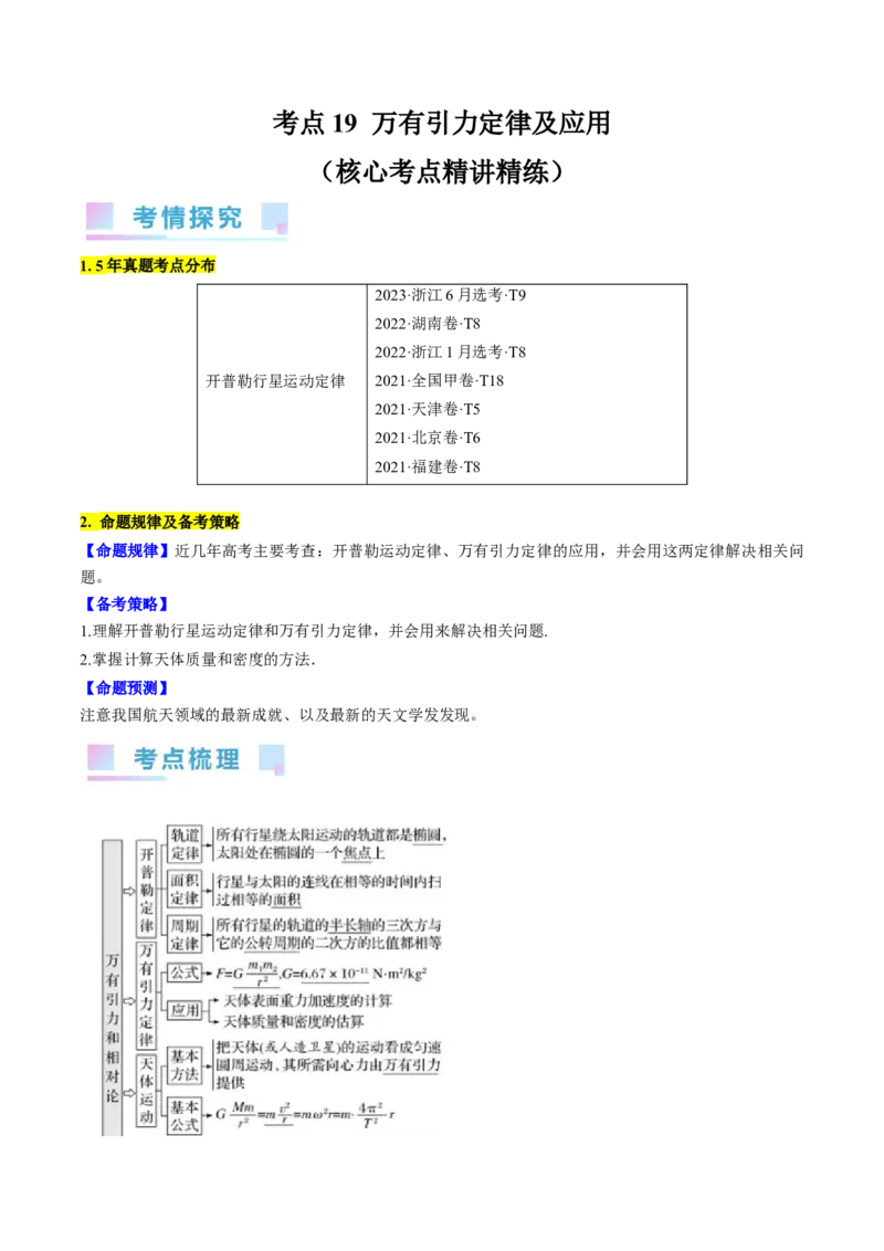考点19万有引力定律及应用（原卷版）_04高考物理_通用版（老高考）复习资料_2024年复习资料_完备战2024年高考物理一轮复习考点帮（全国通用）