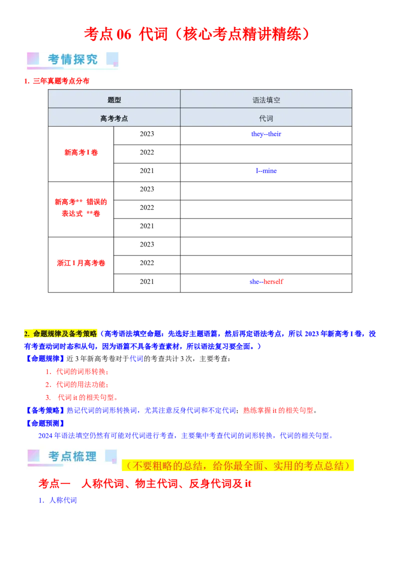 考点06代词（核心考点精讲精练）-备战2024年高考英语一轮复习考点帮（新高考专用）（学生版）_03高考英语_新高考复习资料_2024年新高考资料_一轮复习资料_语法核心考点