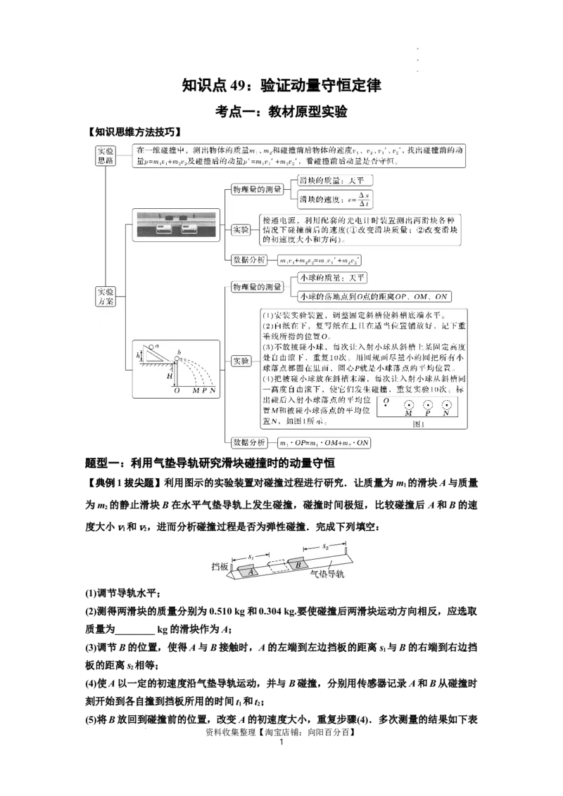 知识点49：验证动量守恒定律（拔尖原卷版）_04高考物理_新高考复习资料_2024新高考复习资料_一轮复习资料_拔尖版2024届高考物理一轮复习讲义及对应练习