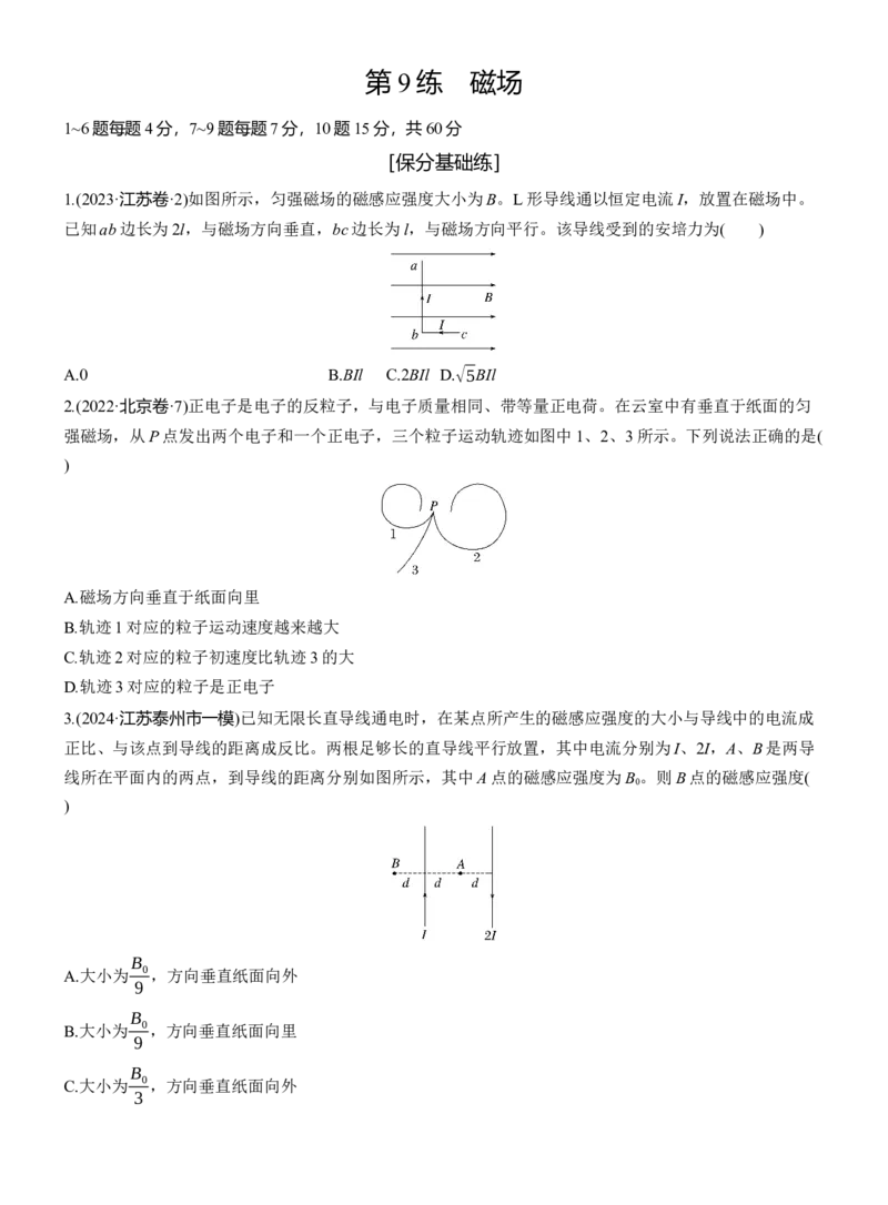 第一篇　专题三　第9练　磁场_04高考物理_2025年新高考资料_二轮复习_2025年高考物理大二轮_2025物理二轮专题复习学生用书Word版文档_二轮专题强化练+考前特训_二轮专题强化练