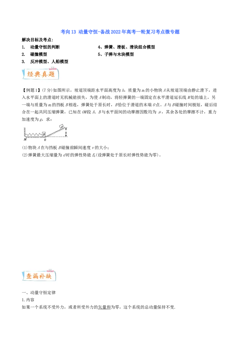 考向13动量守恒定律-备战2022年高考物理一轮复习考点微专题_04高考物理_新高考复习资料_2022年新高考复习资料_备战2022年高考物理一轮复习考点微专题