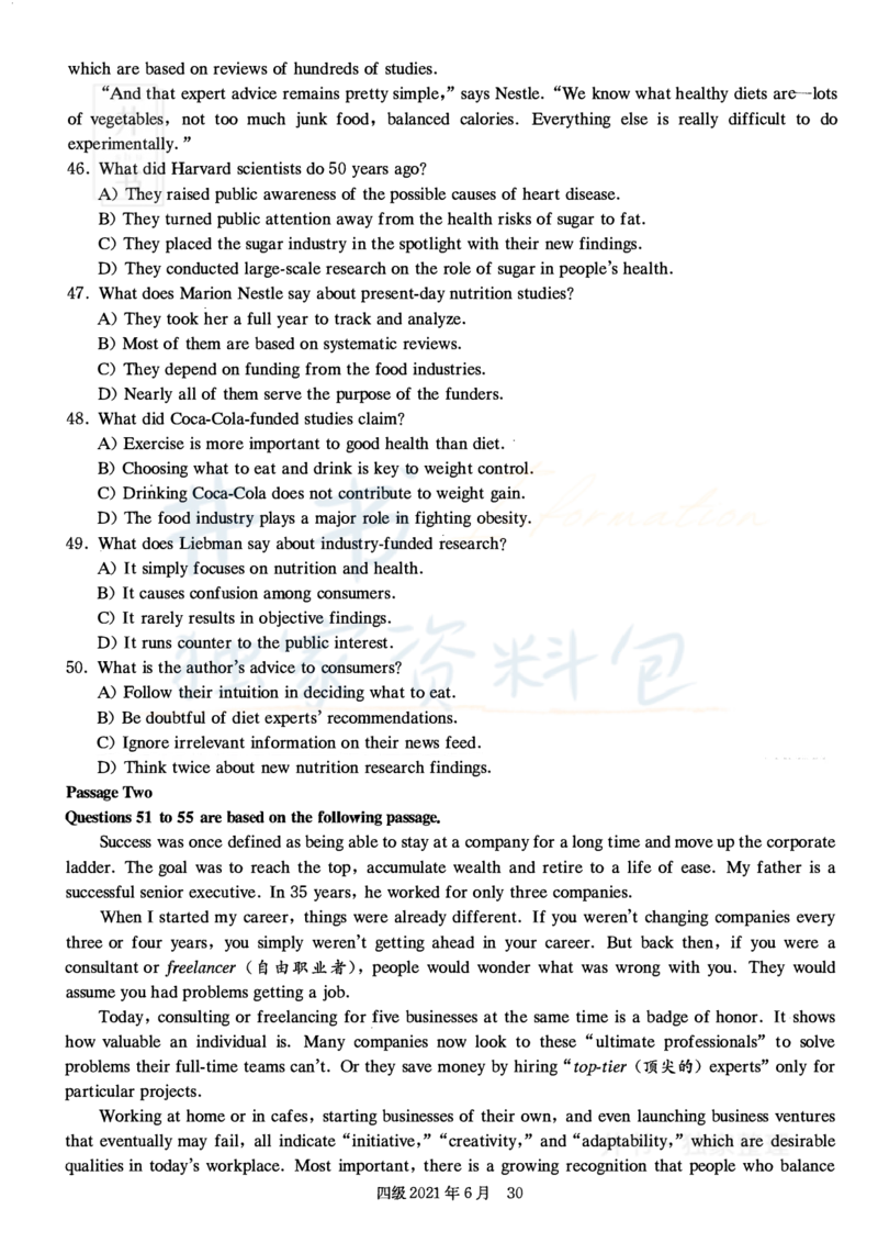 2021年6月大学英语四级考试真题卷2_最新更新，视频都在这_2026、6月四级速转存易和谐_四六级真题+资料包_四级真题_2021年6月CET4