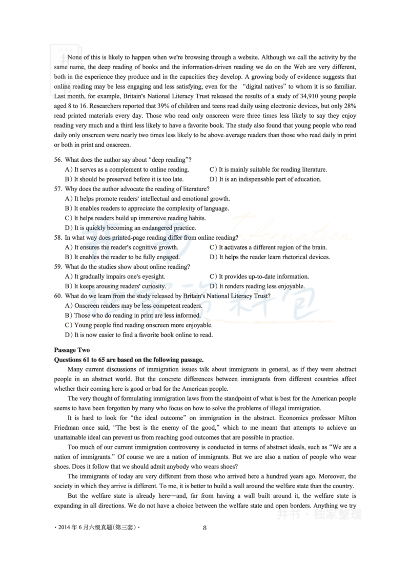 2014年06月大学英语6级真题及解析（卷三）_最新更新，视频都在这_2026、6月四级速转存易和谐_四六级真题+资料包_六级真题_2007-2015年六级真题及答案解析_2014年06月英语六级真题