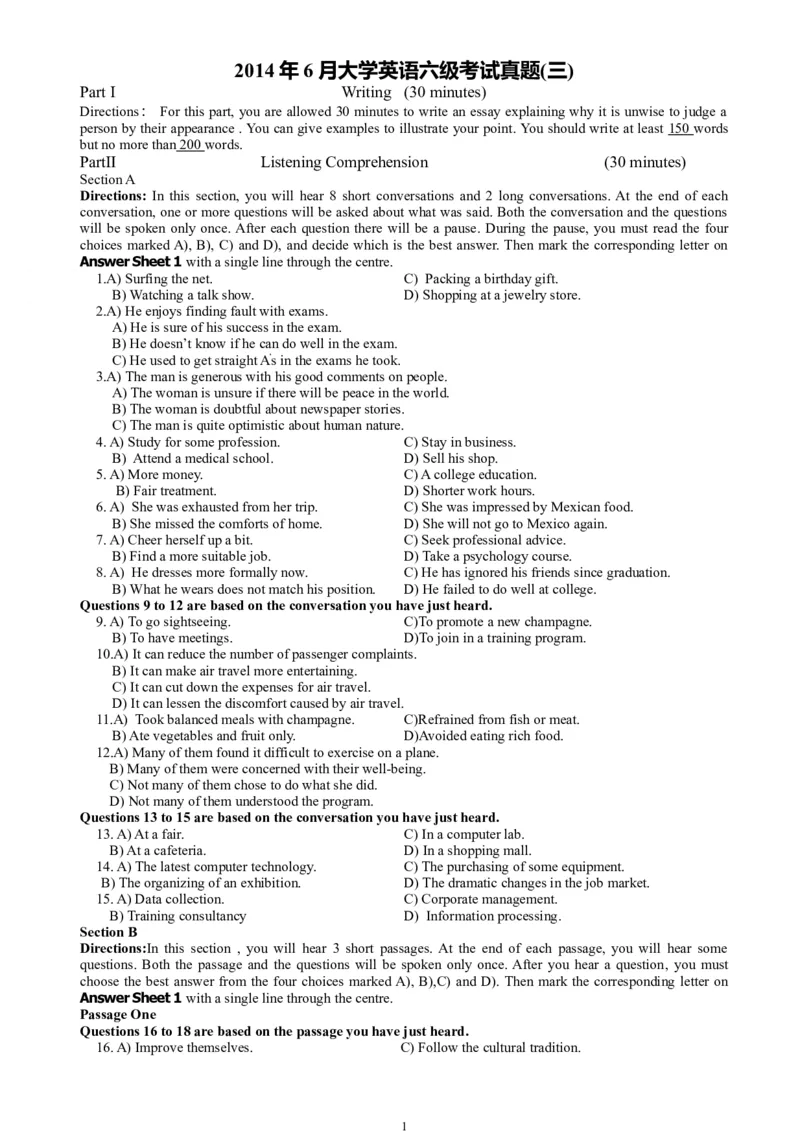 2014年6月六级考试真题（三）_02.四六级真题+模拟题（0128）_六级真题+音频+解析(0128)_02.2013&mdash;2015六级旧题型_2014年06月六级