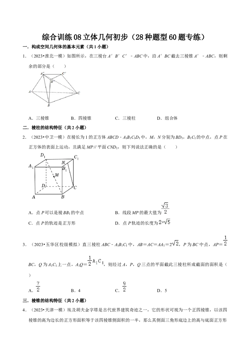 综合训练08立体几何初步（28种题型60题专练）（原卷版）_02高考数学_新高考复习资料_2024年新高考资料_一轮复习资料_一轮复习讲义2024年高考数学复习全程规划（新高考）