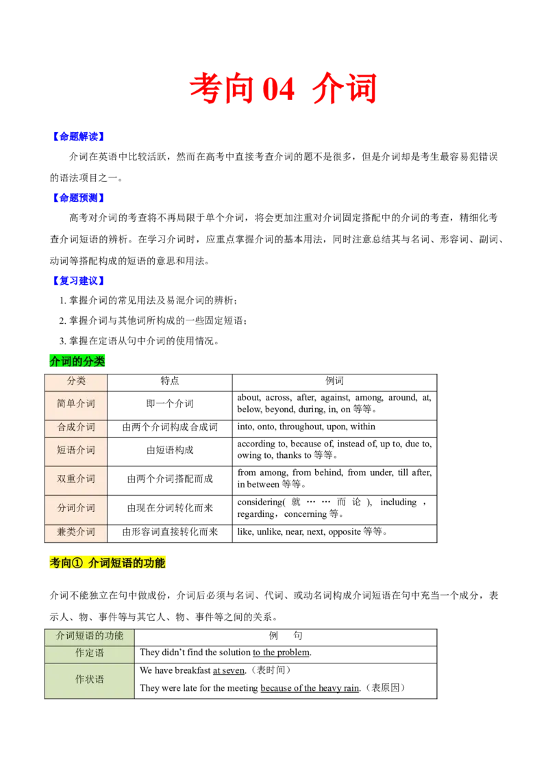 考向04介词(原卷版)-备战2022年高考英语一轮复习考点微专题_03高考英语_新高考复习资料_2022年新高考资料_2022年新高考英语一轮复习_备战2022年高考英语一轮复习考点微专题8.7更新