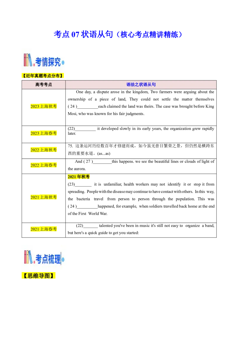 考点07状语从句（核心考点精讲精练）（原题版）_03高考英语_2025年新高考资料_一轮复习_备战2025年高考英语一轮复习考点帮_备战2025年高考英语一轮复习考点帮（上海专用）_重点语法分解