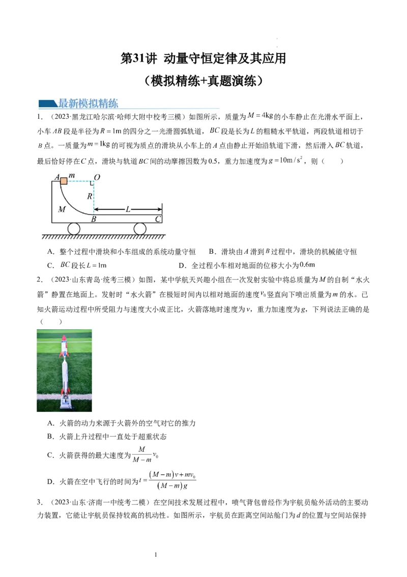 第31讲动量守恒定律及其应用（练习）（原卷版）_04高考物理_新高考复习资料_2024新高考复习资料_一轮复习资料_2024年高考物理一轮复习讲练测（讲义+练习+课件）（新高考）_讲义+练习
