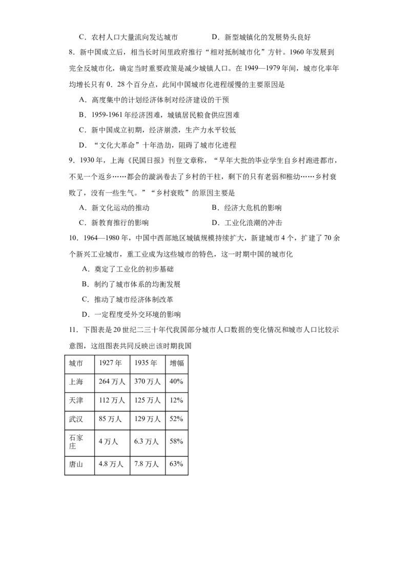 经济类热点--城市化进程-2023-2024学年高三历史二轮（专题训练）原卷版_07高考历史_2024年新高考资料_2.2024二轮复习_2024届高三历史统编版二轮复习专项训练