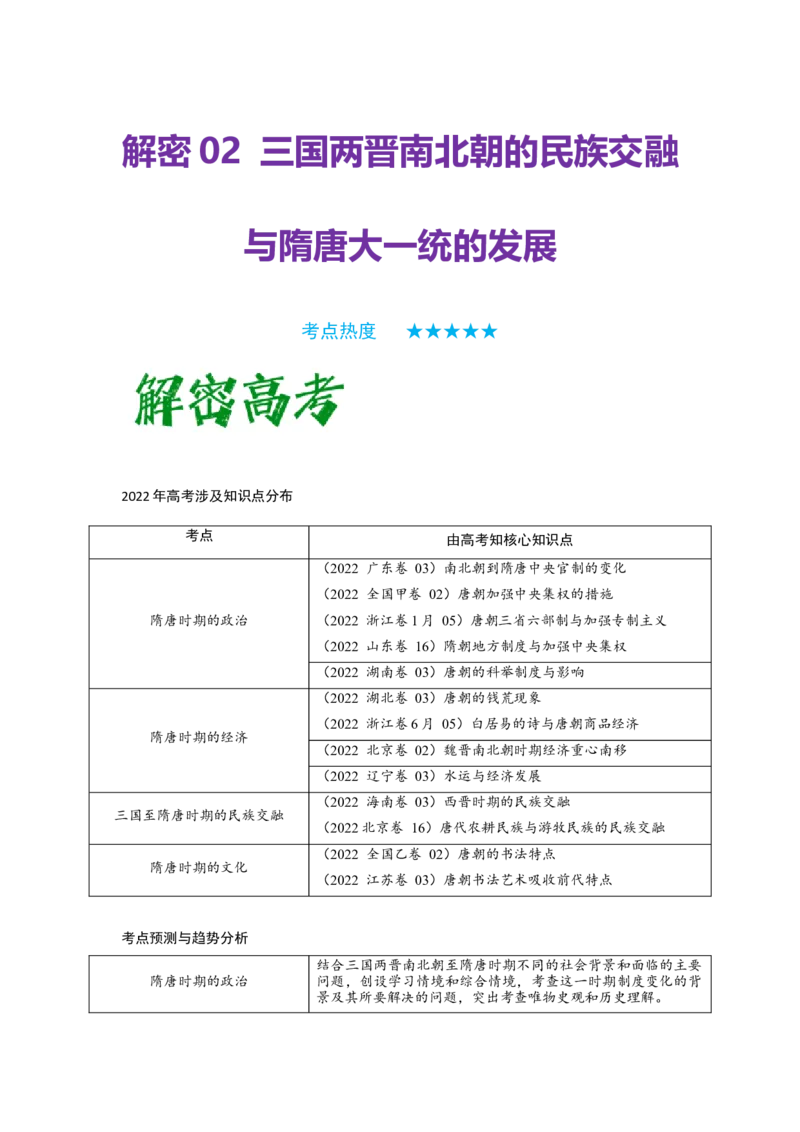 解密02三国两晋南北朝的民族交融与隋唐大一统的发展（复习讲义）-高频考点解密2023年高考历史二轮复习讲义+分层训练_07高考历史_新高考复习资料_2023年新高考复习资料
