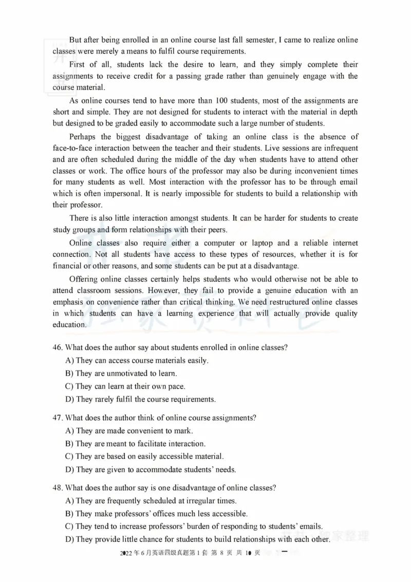 2022年6月大学英语四级考试真题卷1_最新更新，视频都在这_2026、6月四级速转存易和谐_四六级真题+资料包_四级真题_2022年6月CET4