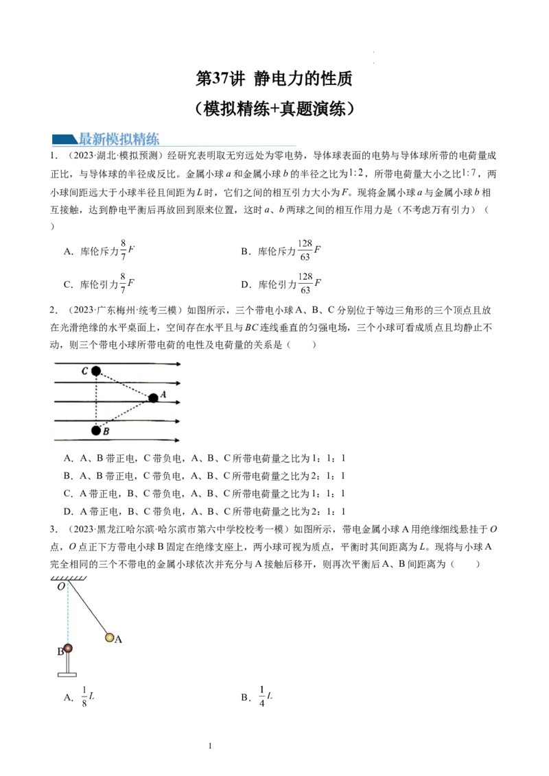 第37讲静电力的性质（练习）（原卷版）_04高考物理_新高考复习资料_2024新高考复习资料_一轮复习资料_2024年高考物理一轮复习讲练测（讲义+练习+课件）（新高考）_讲义+练习