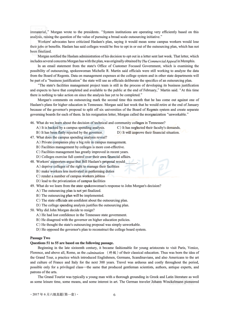 2017年06月大学英语6级（卷一）_最新更新，视频都在这_2026、6月四级速转存易和谐_四六级真题+资料包_六级真题_2017年06月六级真题及答案解析（全三套）