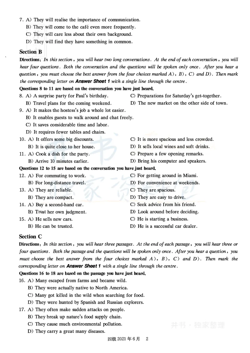 2021年6月大学英语四级考试真题卷1_最新更新，视频都在这_2026、6月四级速转存易和谐_四六级真题+资料包_四级真题_2021年6月CET4