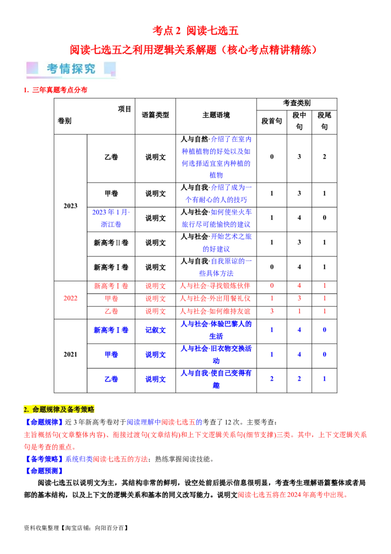 考点2阅读七选五之利用逻辑关系解题（核心考点精讲精练）-备战2024年高考英语一轮复习考点帮（新高考专用）（学生版）_03高考英语_新高考复习资料_2024年新高考资料_一轮复习资料