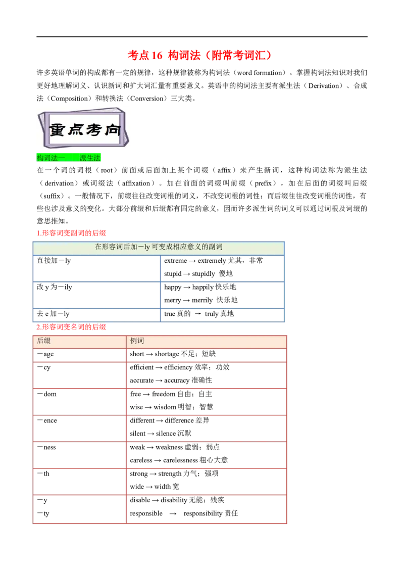 考点16构词法（附常考词汇）(原卷版)-备战2023年高考英语一轮复习考点帮（全国通用）_03高考英语_通用版（老高考）复习资料_2023年复习资料_一轮复习