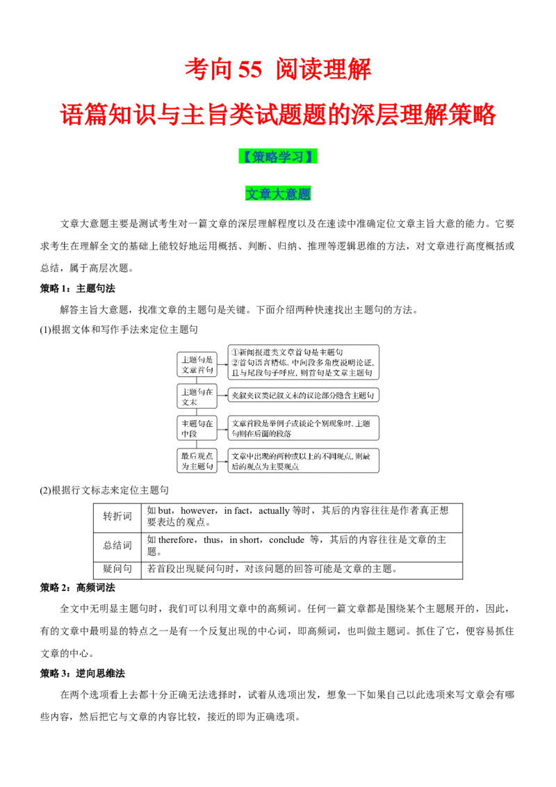考向55阅读理解之语篇知识与主旨类试题题的深层理解策略(原卷版)-备战2022年高考英语一轮复习考点微专题_03高考英语_新高考复习资料_2022年新高考资料_2022年新高考英语一轮复习