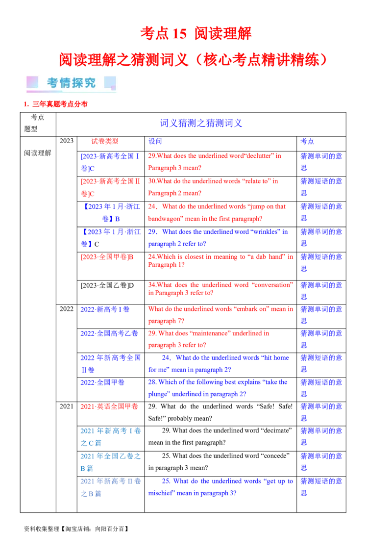考点15阅读理解之猜测词义（核心考点精讲精练）-备战2024年高考英语一轮复习考点帮（新高考专用）（教师版）_03高考英语_新高考复习资料_2024年新高考资料_一轮复习资料_阅读理解