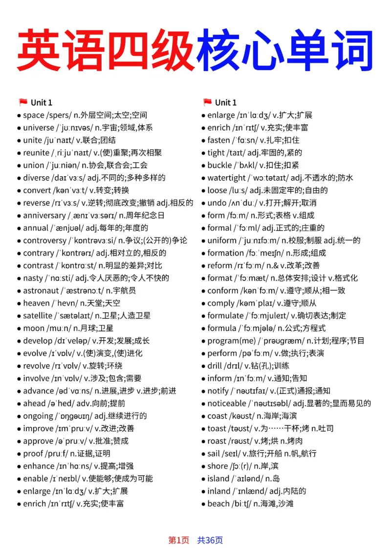 英语四级核心单词完整版36页_最新更新，视频都在这_2026、6月四级速转存易和谐_小红书同款笔记