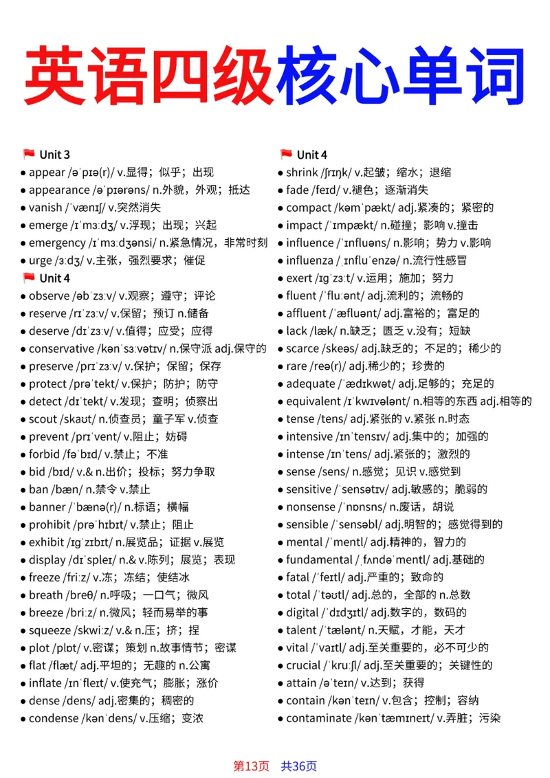 英语四级核心单词完整版36页_最新更新，视频都在这_2026、6月四级速转存易和谐_小红书同款笔记