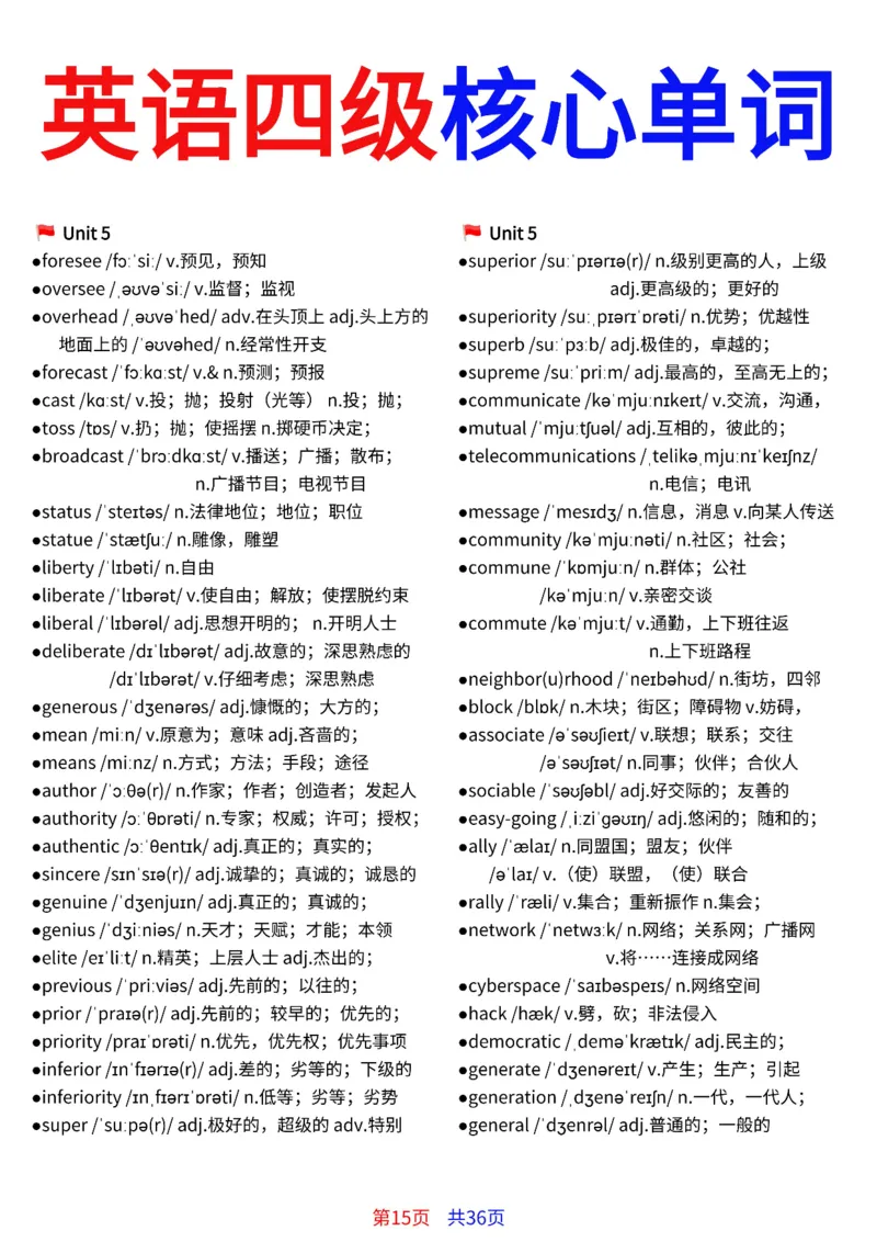 英语四级核心单词完整版36页_最新更新，视频都在这_2026、6月四级速转存易和谐_小红书同款笔记