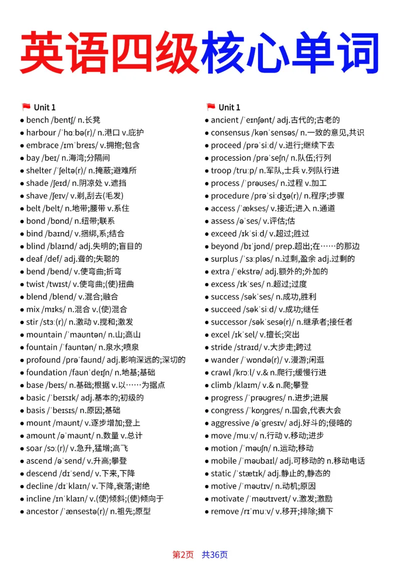 英语四级核心单词完整版36页_最新更新，视频都在这_2026、6月四级速转存易和谐_小红书同款笔记