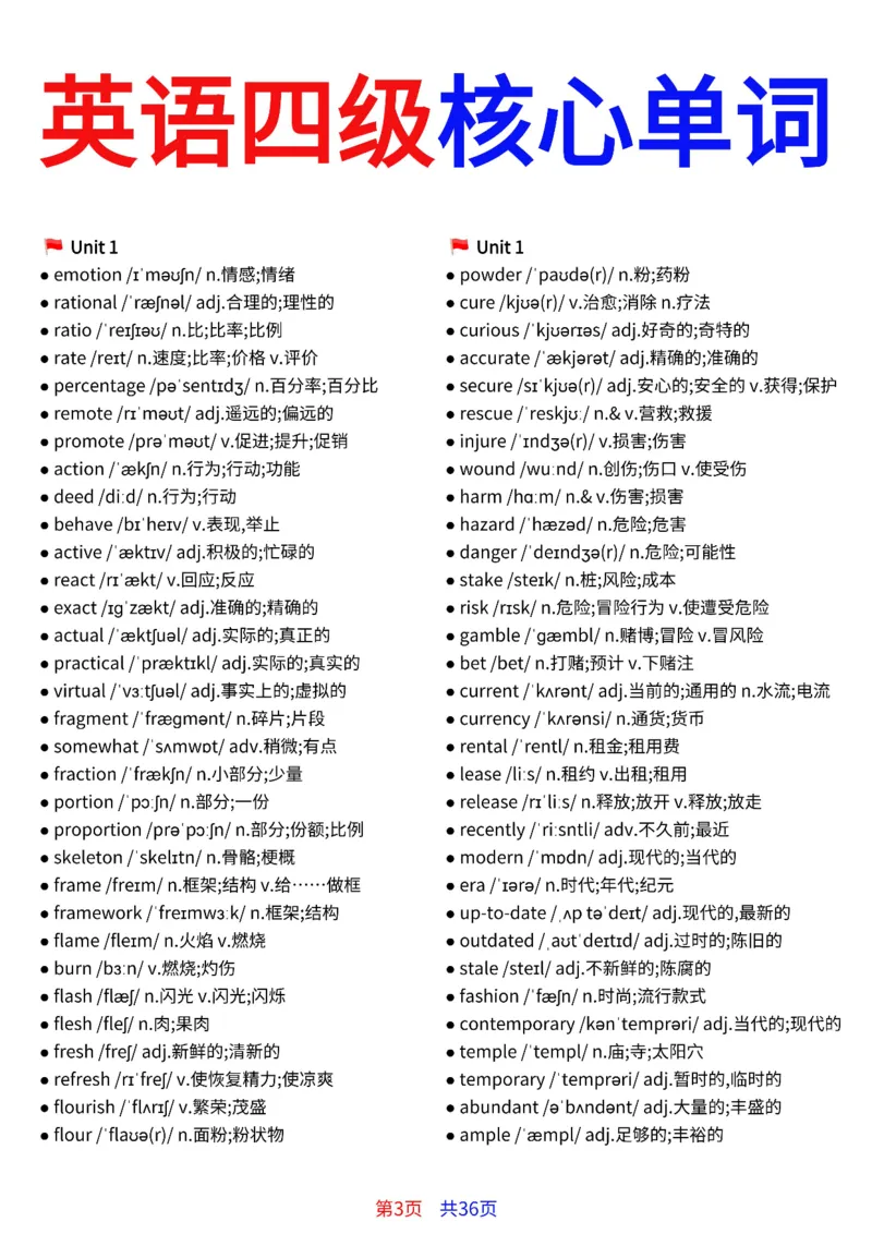 英语四级核心单词完整版36页_最新更新，视频都在这_2026、6月四级速转存易和谐_小红书同款笔记