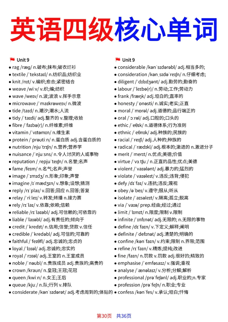 英语四级核心单词完整版36页_最新更新，视频都在这_2026、6月四级速转存易和谐_小红书同款笔记
