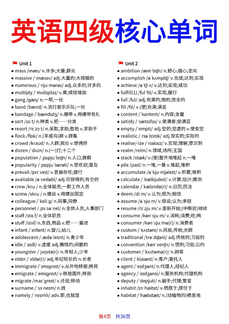 英语四级核心单词完整版36页_最新更新，视频都在这_2026、6月四级速转存易和谐_小红书同款笔记