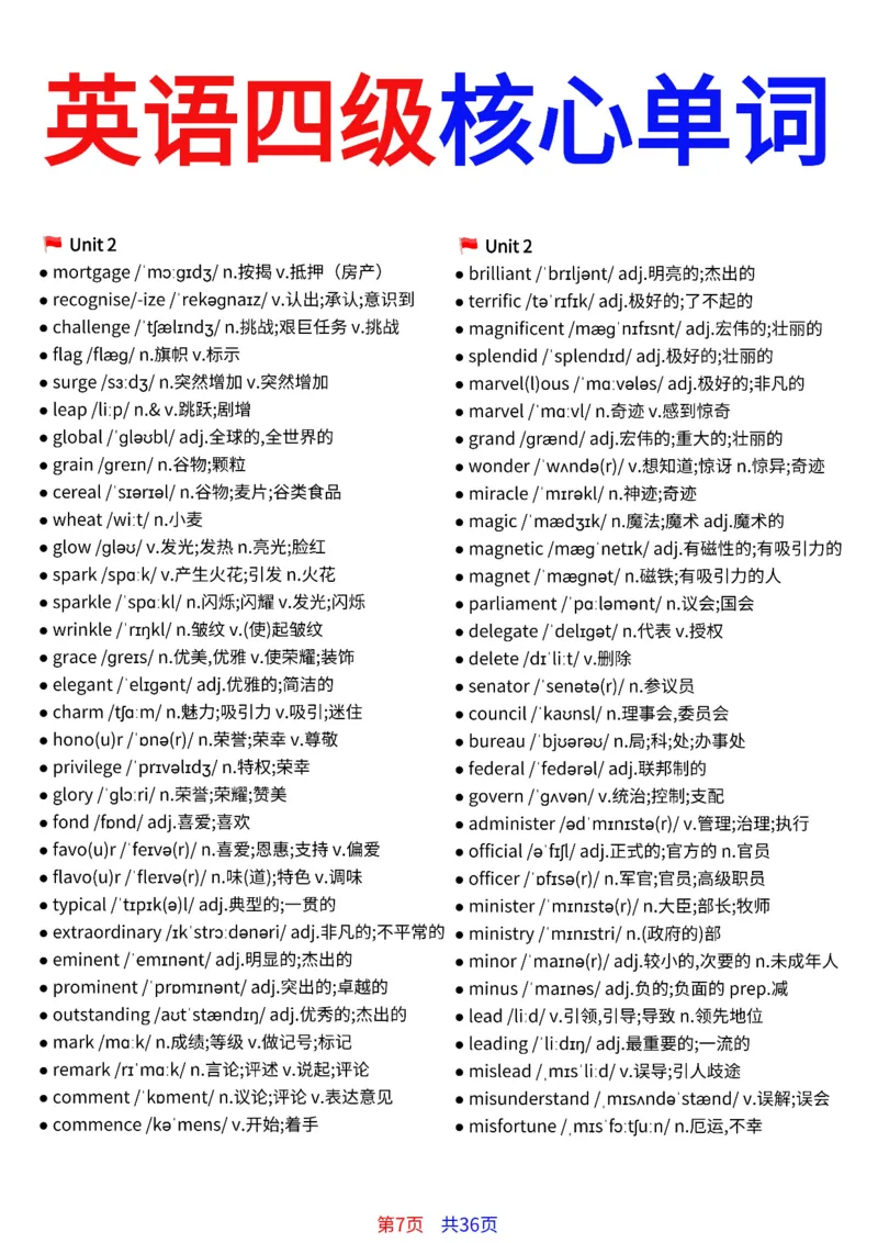 英语四级核心单词完整版36页_最新更新，视频都在这_2026、6月四级速转存易和谐_小红书同款笔记