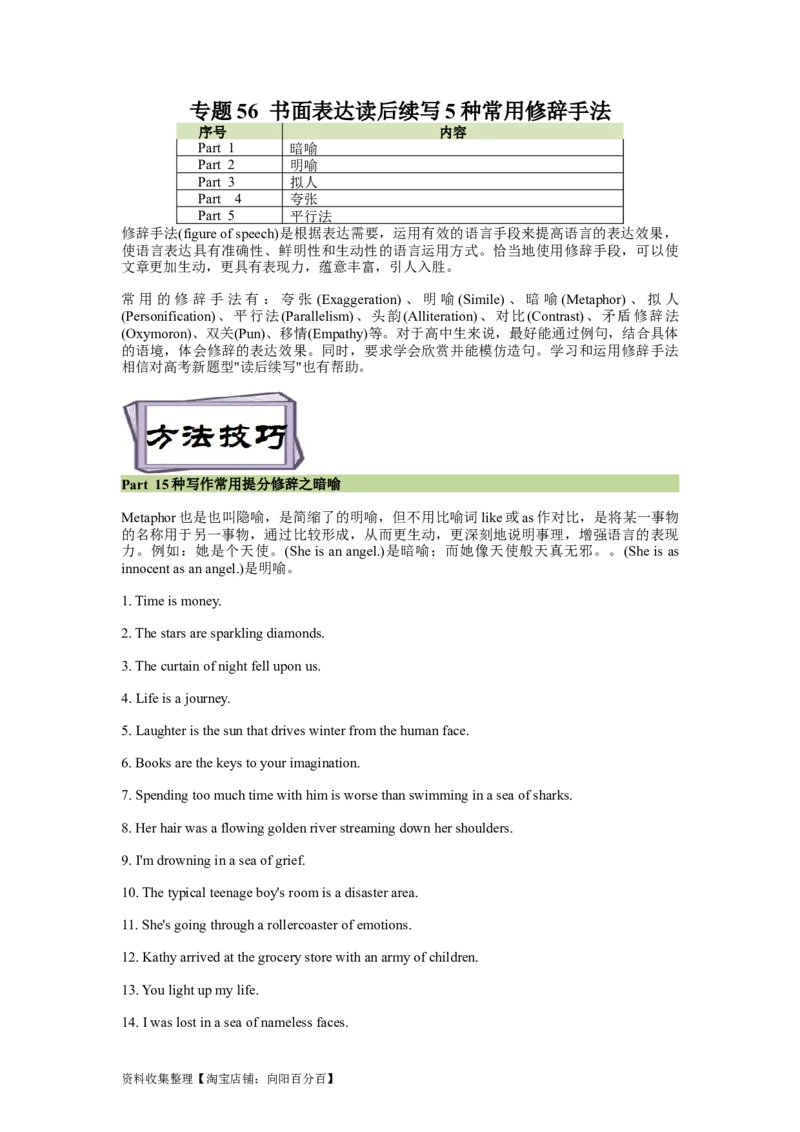 考点56-书面表达读后续写5种常用修辞手法（二）（重难题型）（原卷版）_03高考英语_通用版（老高考）复习资料_2024年复习资料_完备战2024年高考英语一轮复习考点帮（全国通用）
