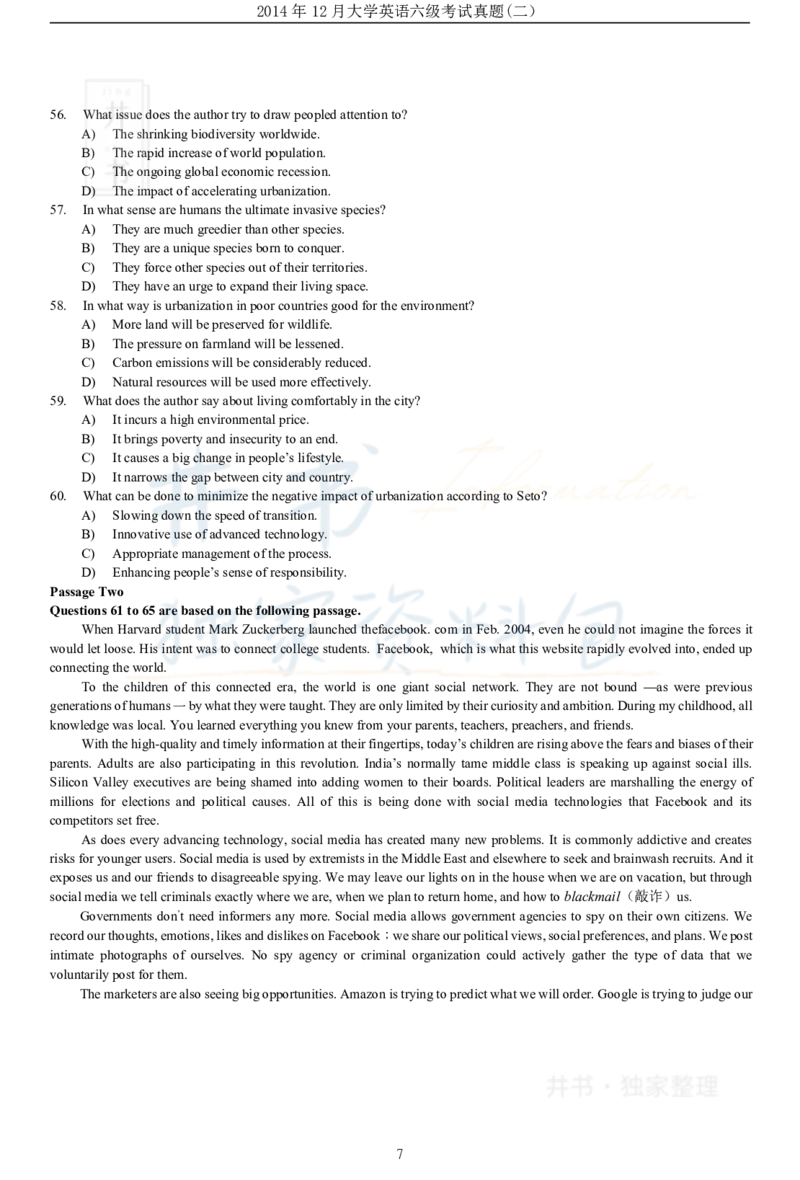 2014年12月大学英语6级（卷二）_最新更新，视频都在这_2026、6月四级速转存易和谐_四六级真题+资料包_六级真题_2007-2015年六级真题及答案解析_2014年12月英语六级真题