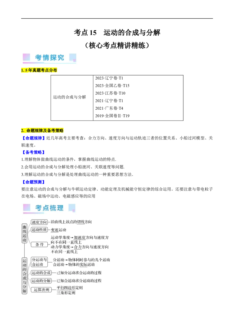 考点15运动的合成与分解（原卷版）_04高考物理_通用版（老高考）复习资料_2024年复习资料_完备战2024年高考物理一轮复习考点帮（全国通用）
