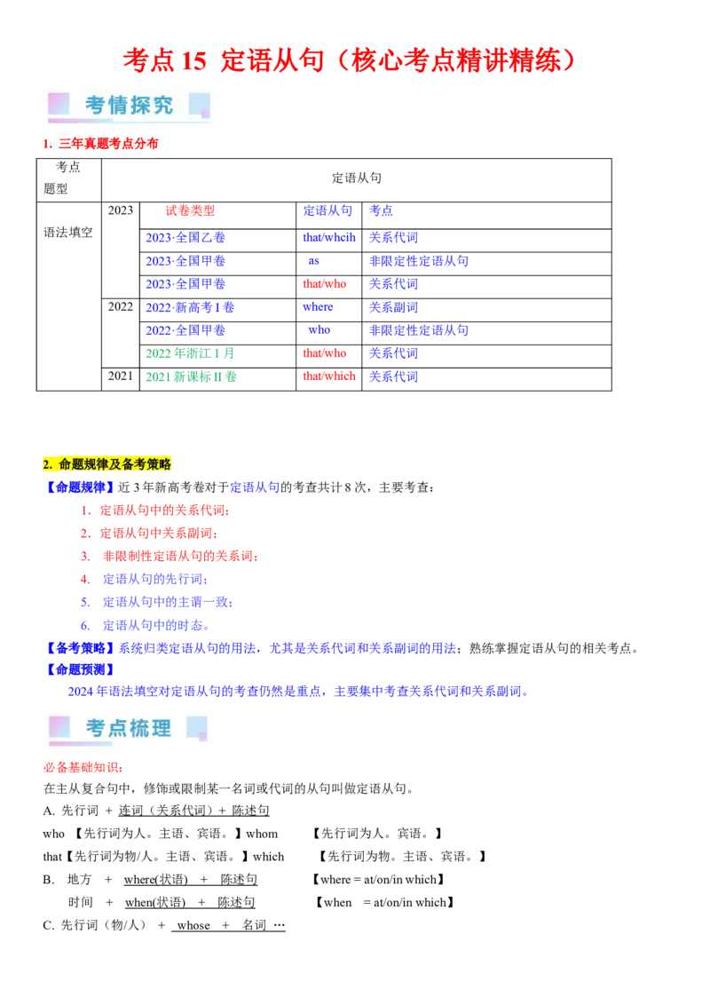 考点15定语从句（核心考点精讲精练）-备战2024年高考英语一轮复习考点帮（新高考专用）（学生版）_03高考英语_新高考复习资料_2024年新高考资料_一轮复习资料_语法核心考点