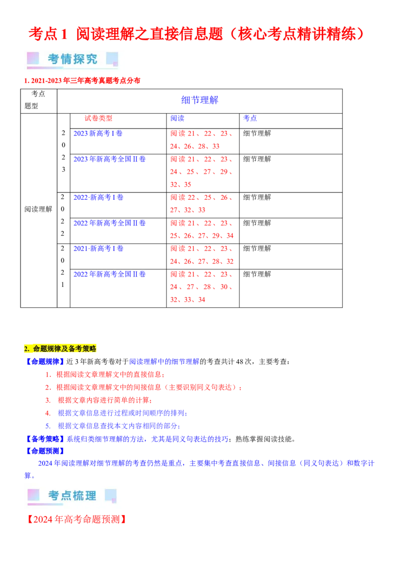 考点1阅读理解之直接信息题（核心考点精讲精练）-备战2024年高考英语一轮复习考点帮（新高考专用）（教师版）_03高考英语_新高考复习资料_2024年新高考资料_一轮复习资料_阅读理解